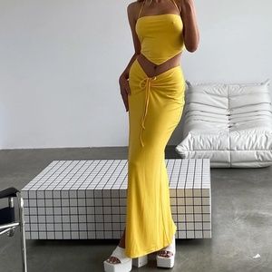 Yellow Tiger Mist Stretchy Ruching Skirt
